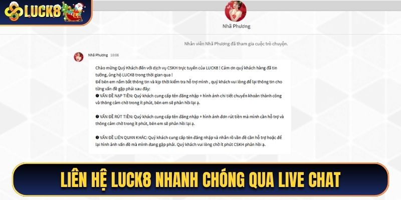Liên hệ luck8 nhanh chóng qua live chat